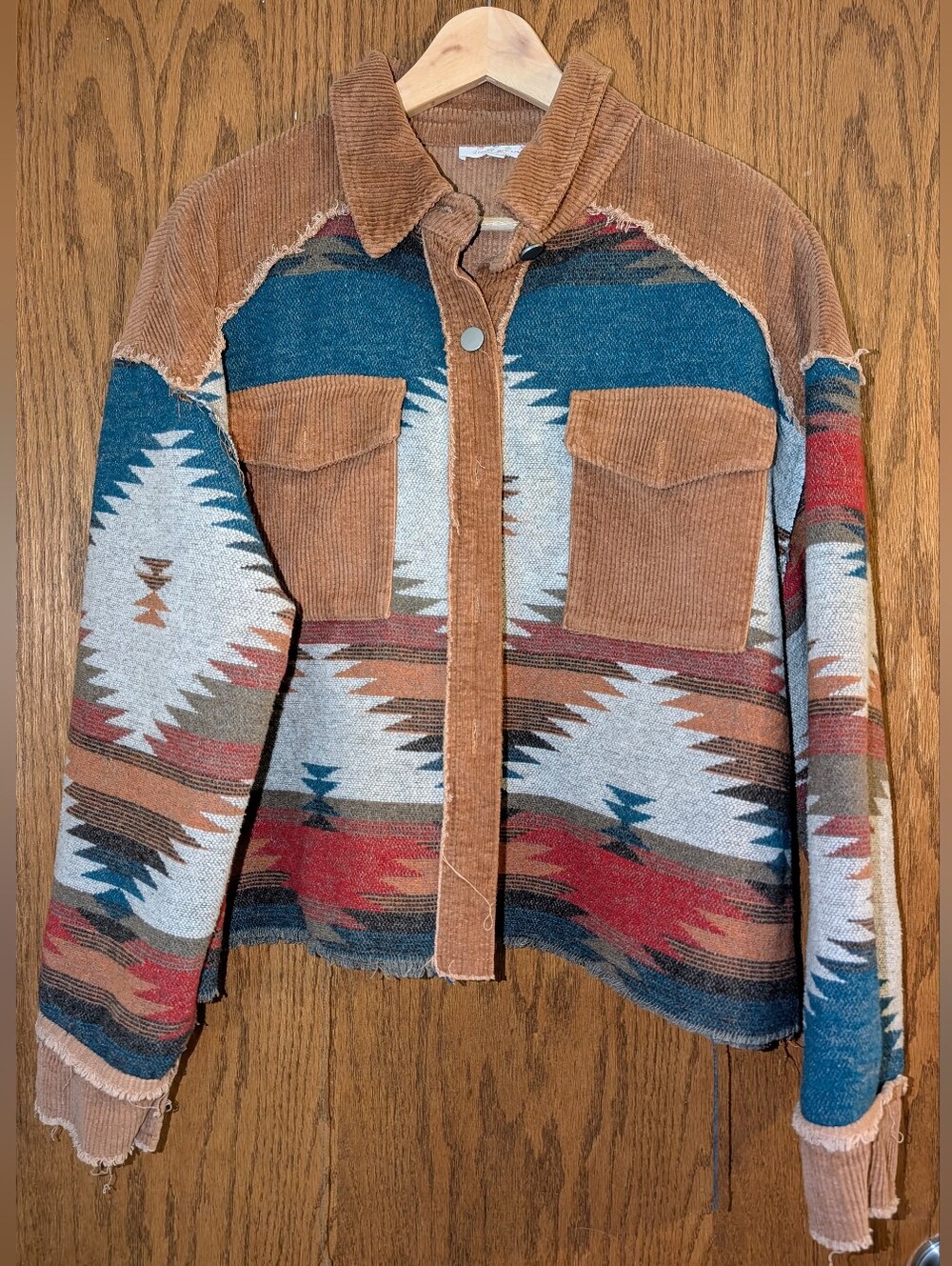 Sweet Generis Corduroy-Trimmed Aztec Jacket in Brown & Blue
